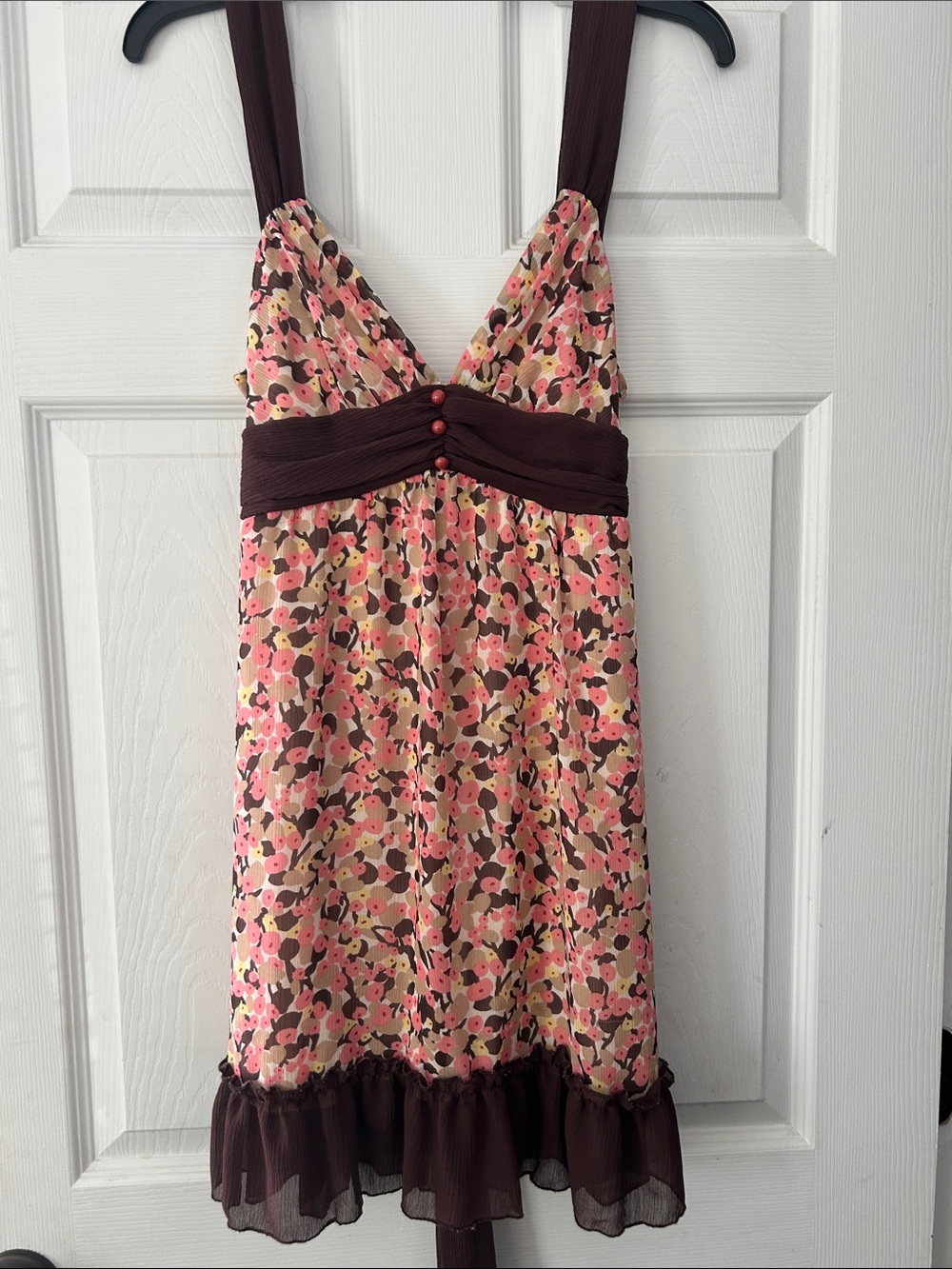 Forever Pink -n-Brown Floral Sun  Dress with brown chiffon accents & buttons